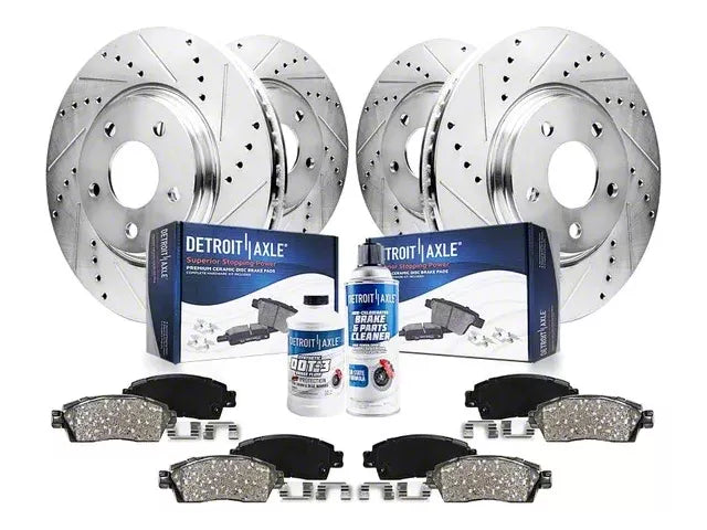 Drilled and Slotted 5-Lug Brake Rotor, Pad, Brake Fluid and Cleaner Kit; Front and Rear